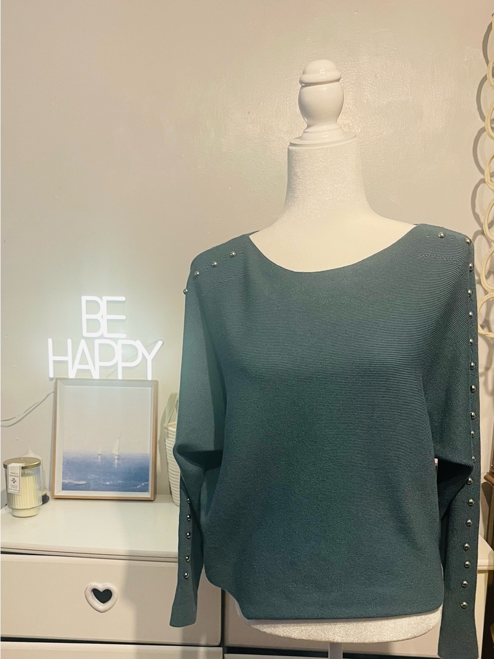 Milano women’s casual Teal Pearl-Trim Long Sleeve Top size S - Picture 5 of 13